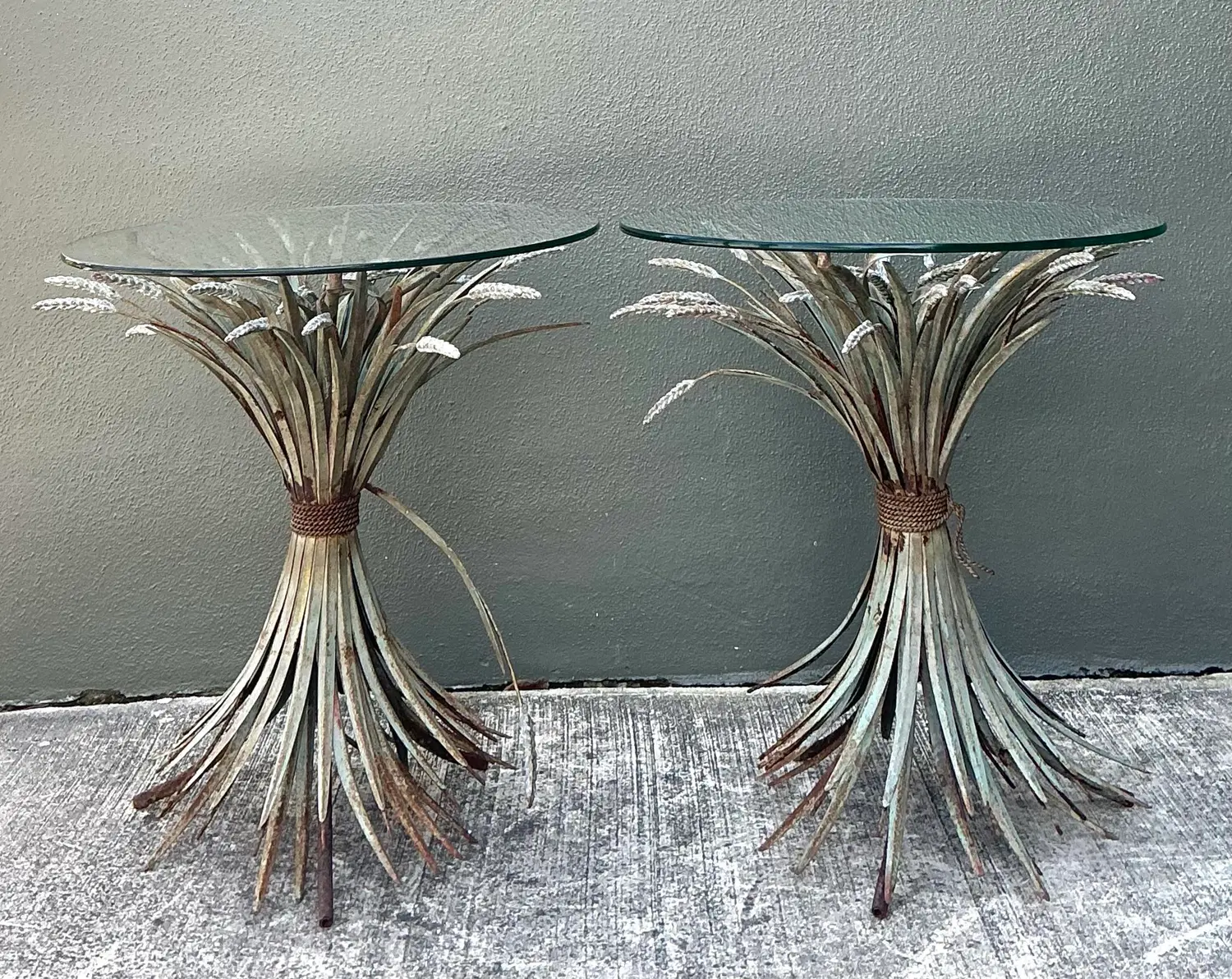 Vintage Patinated Sheath of Wheat Side Tables - A Pair - Back view