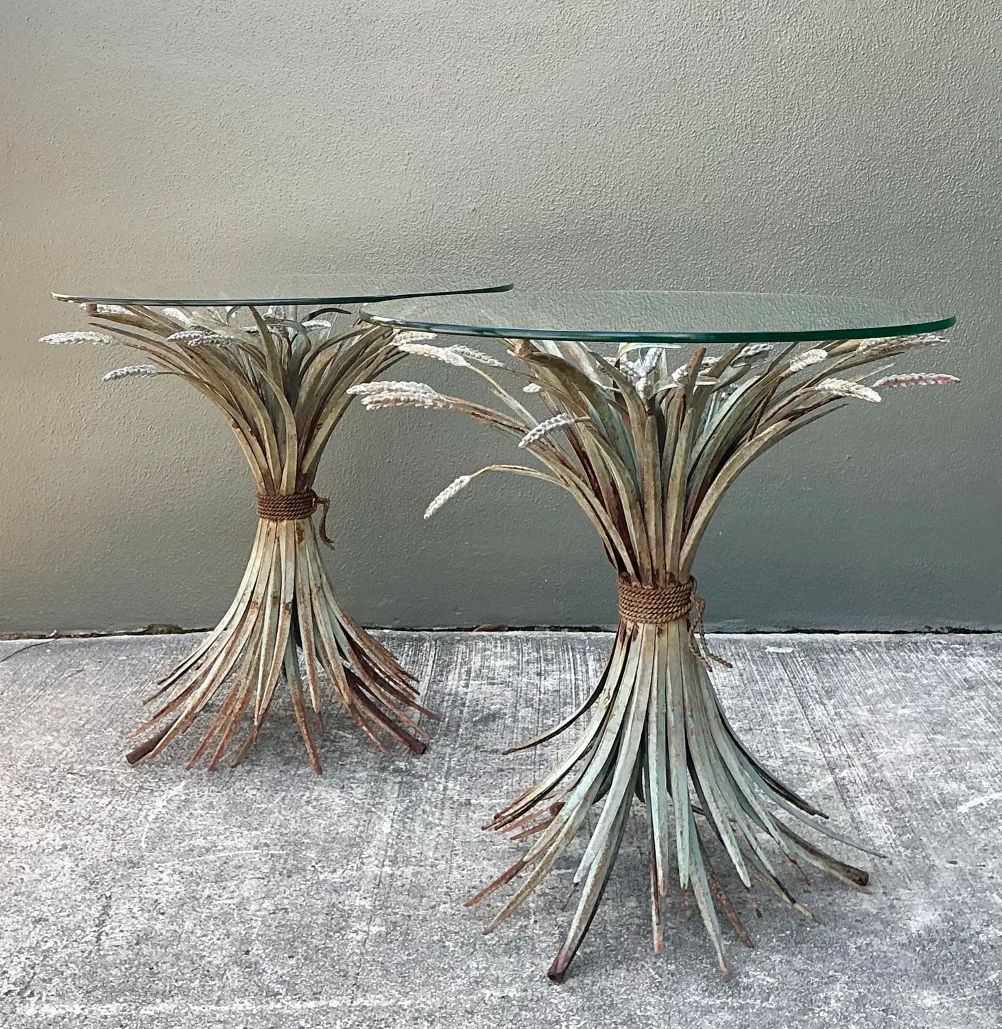 Vintage Patinated Sheath of Wheat Side Tables - A Pair - Top view