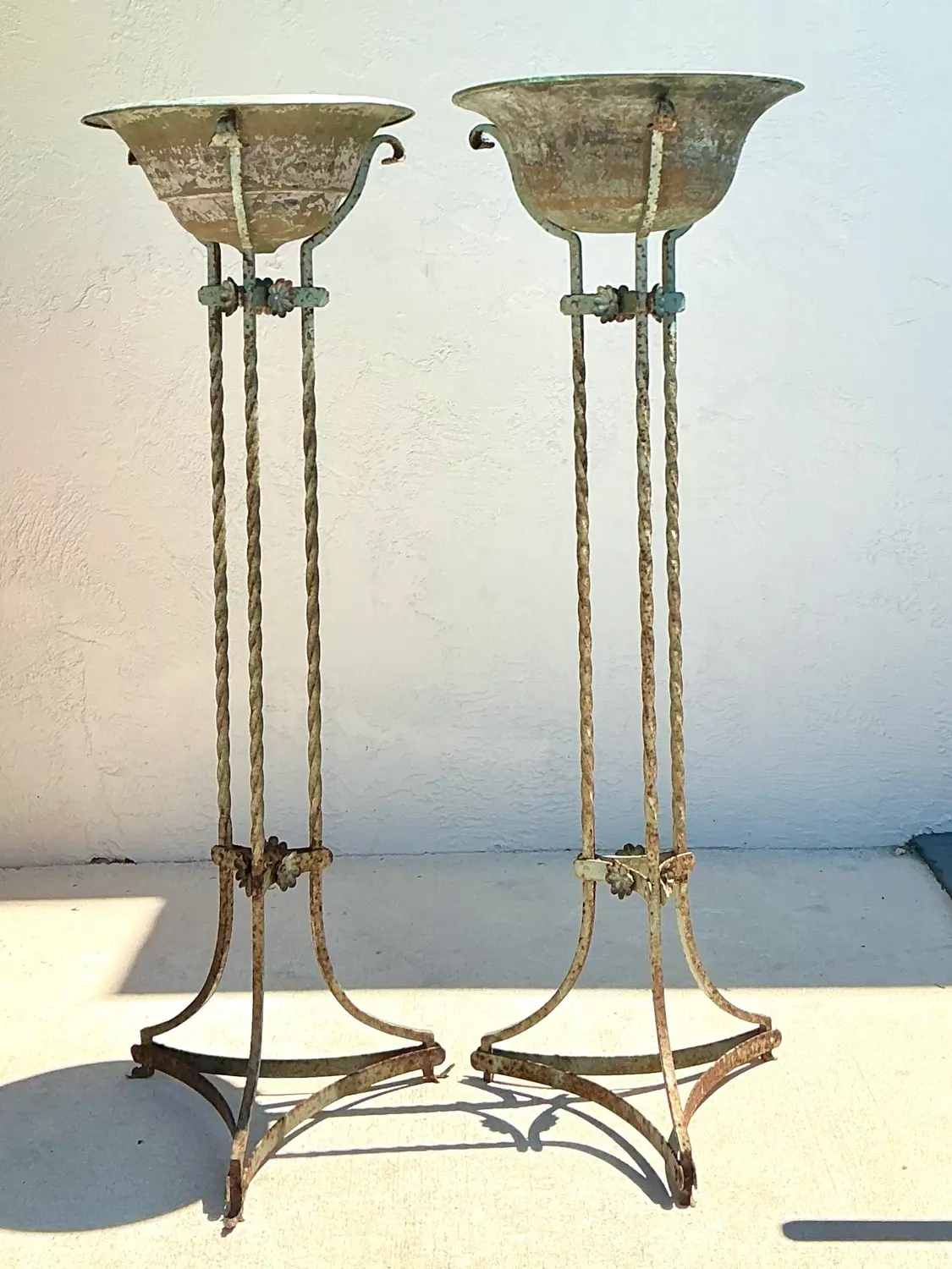 Vintage Patinated Twisted Wrought Iron and Copper Plant Stands - Detail view