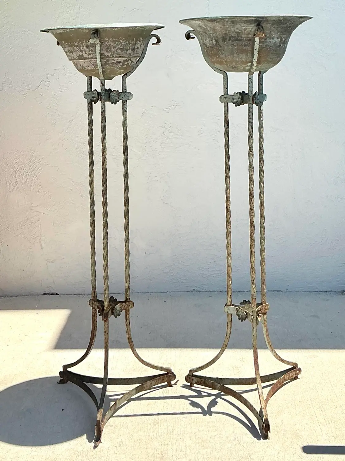 Vintage Patinated Twisted Wrought Iron and Copper Plant Stands - Side view