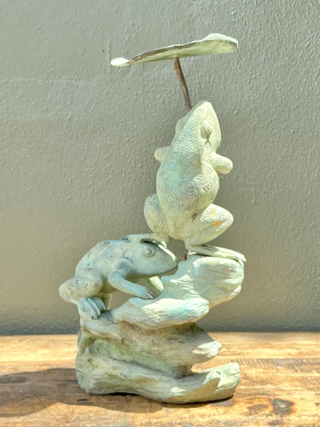 Vintage Patinated Verdigris Garden Frogs Sculpture - Back view