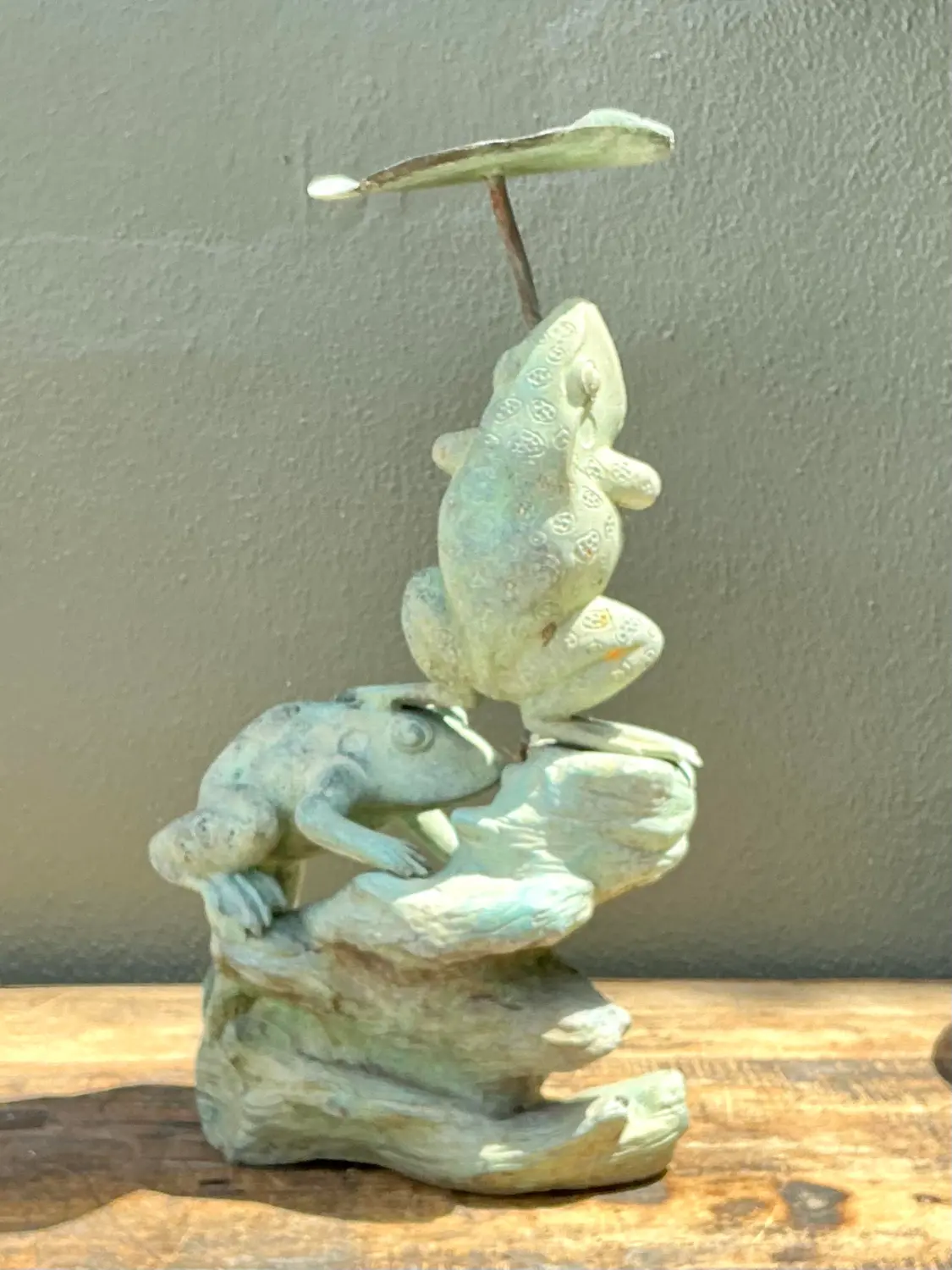 Vintage Patinated Verdigris Garden Frogs Sculpture - Top view