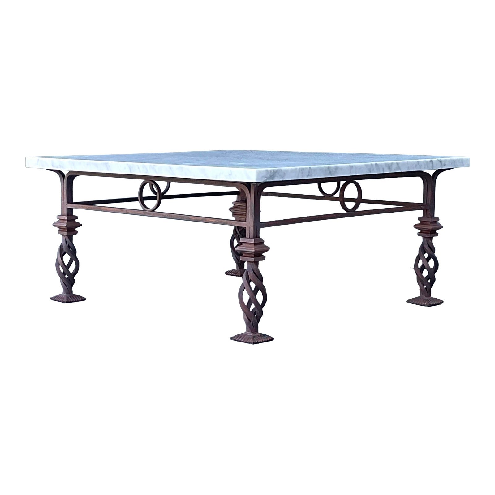 Vintage Patinated Wrought Iron Marble Coffee Table