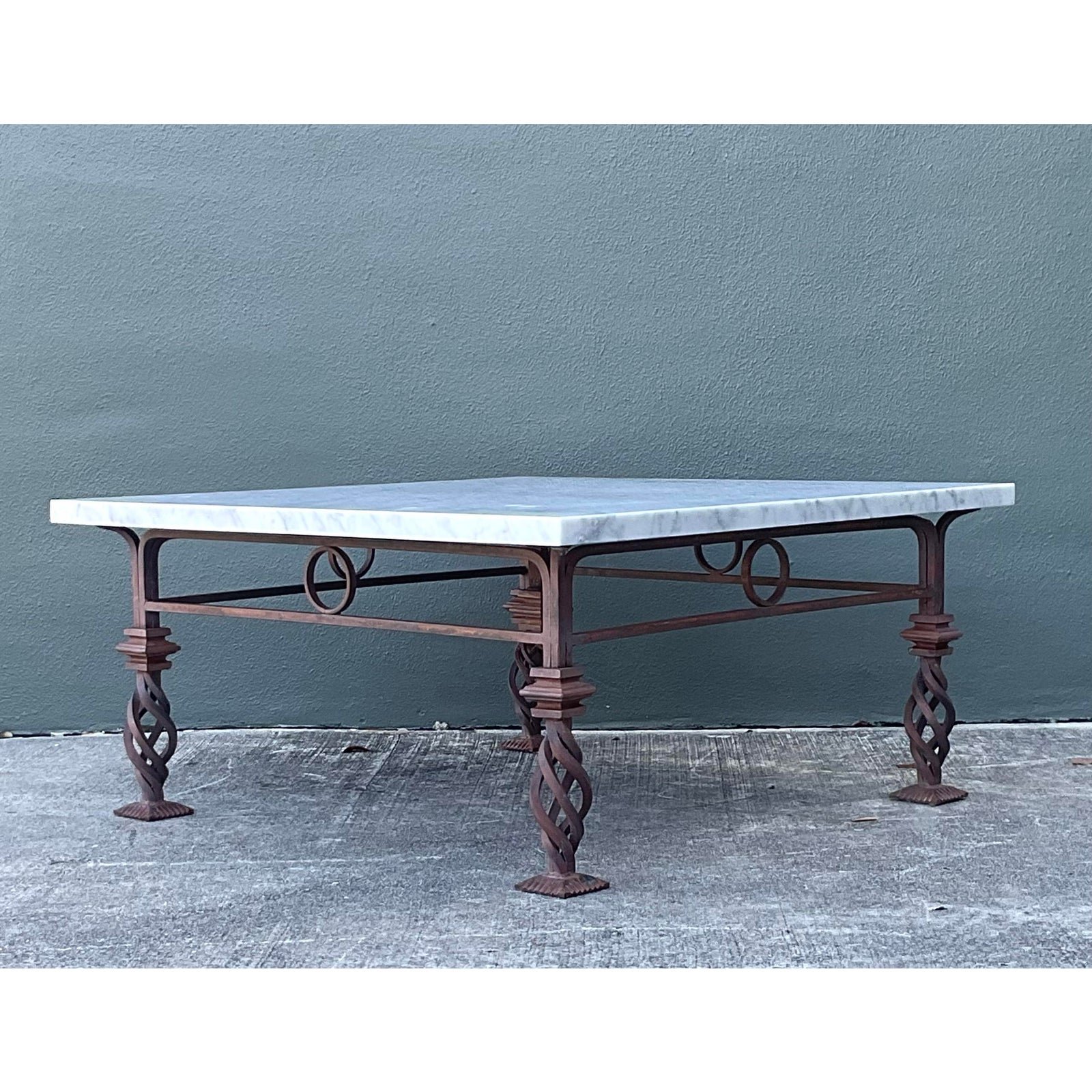 Vintage Patinated Wrought Iron Marble Coffee Table - Detail view