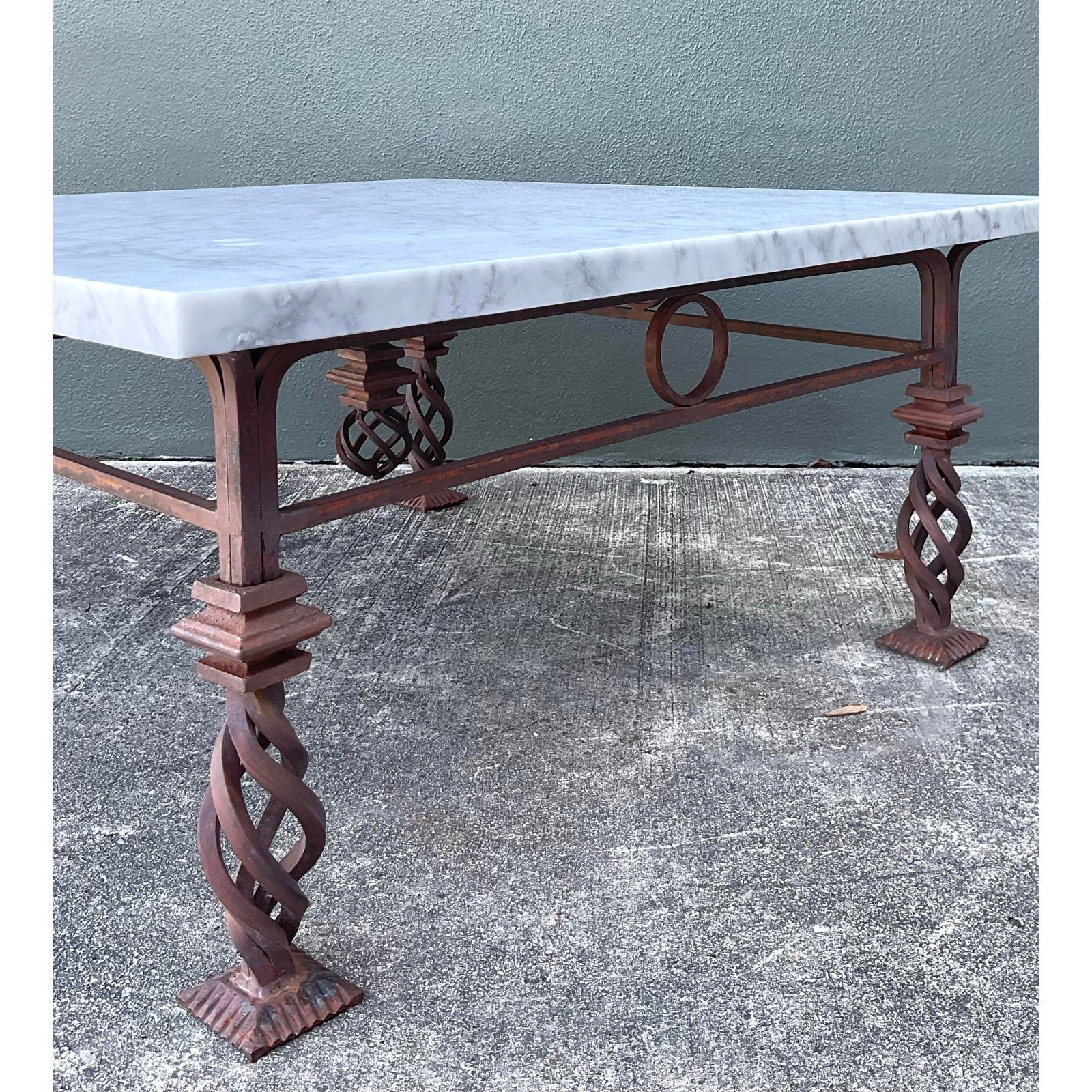Vintage Patinated Wrought Iron Marble Coffee Table - Top view