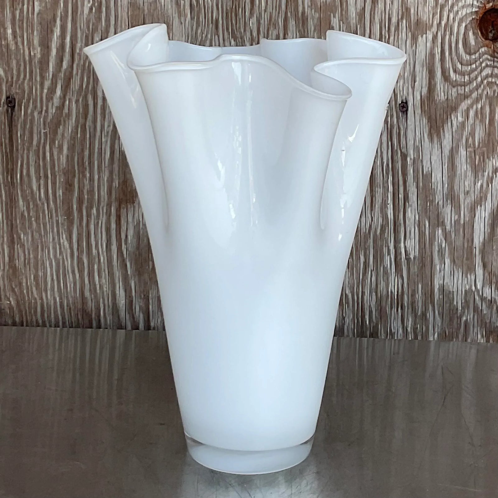 Vintage Pleated White Glass Vase - Side view
