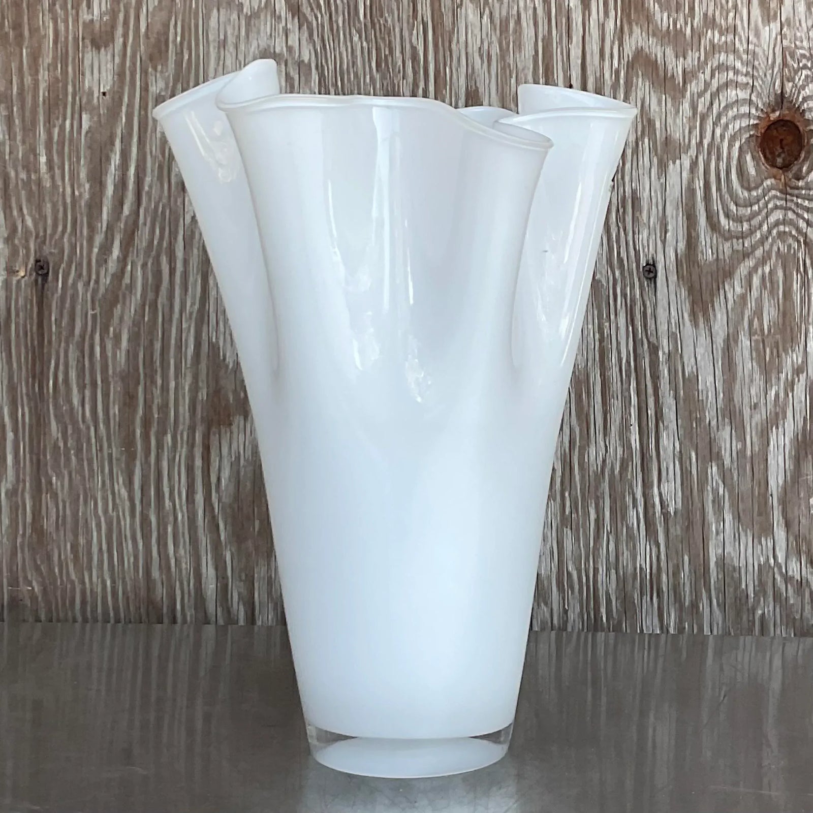 Vintage Pleated White Glass Vase - Top view