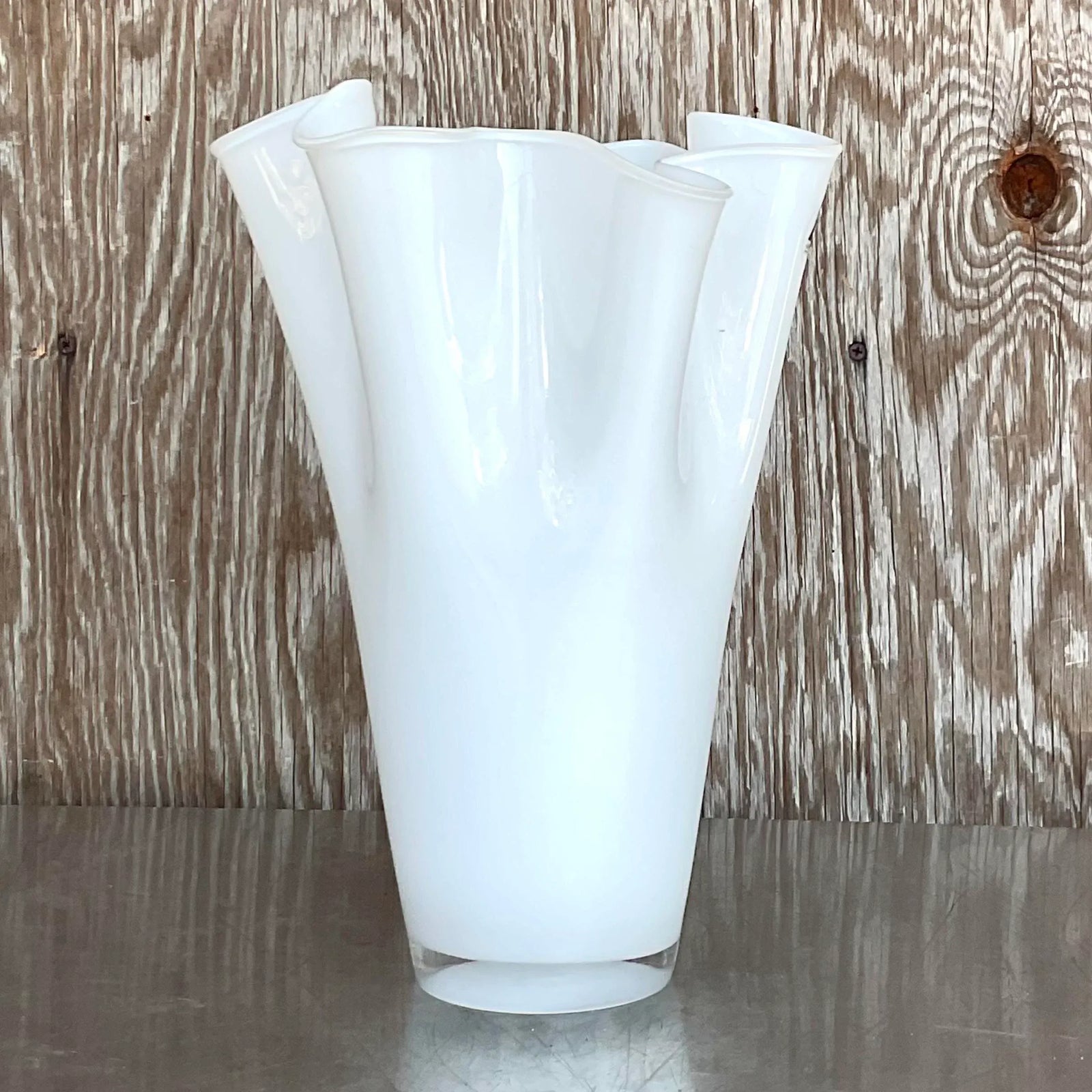 Vintage Pleated White Glass Vase - Back view