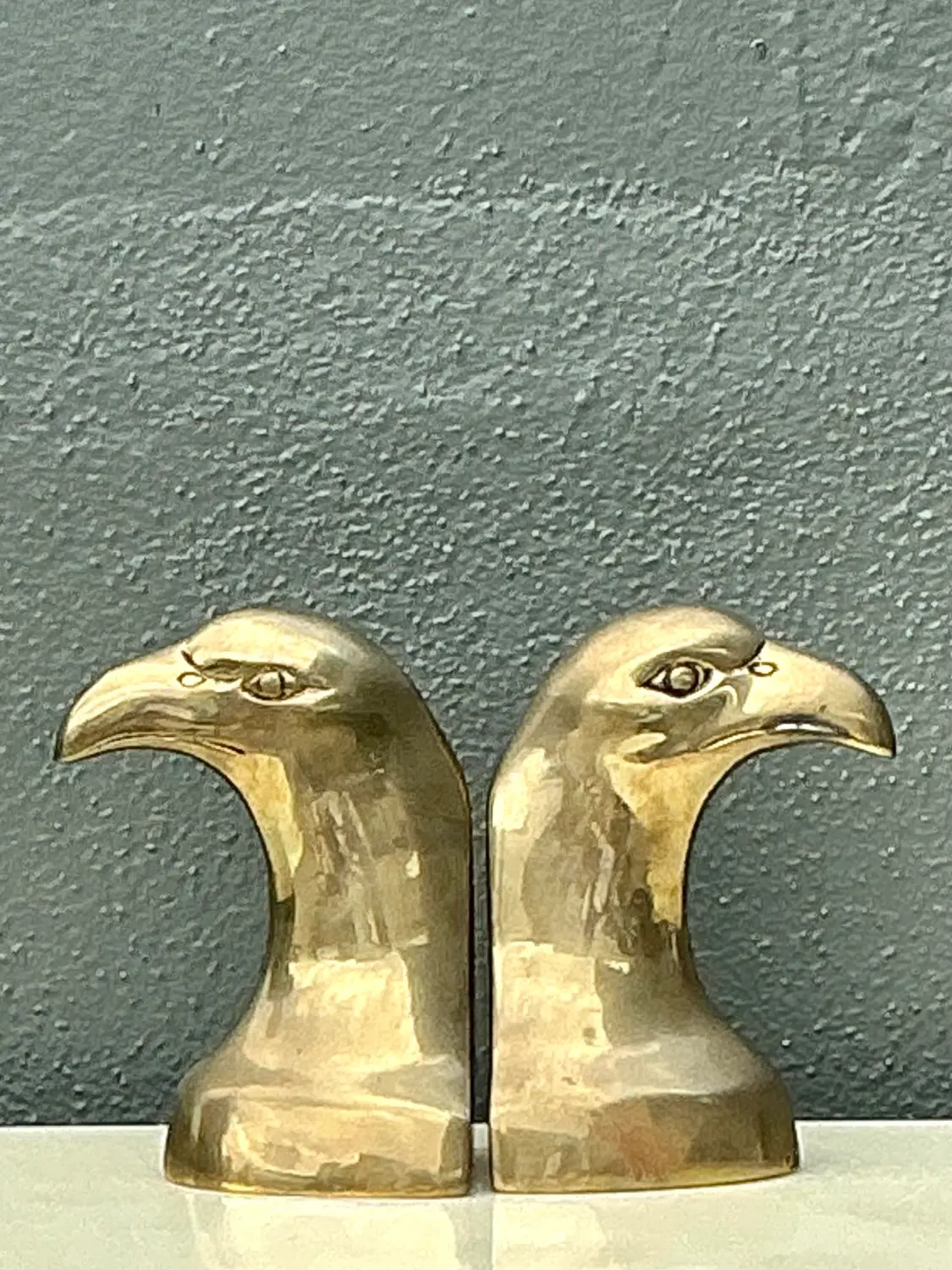 Vintage Polished Brass Eagle Head Bookends - A Pair - Back view
