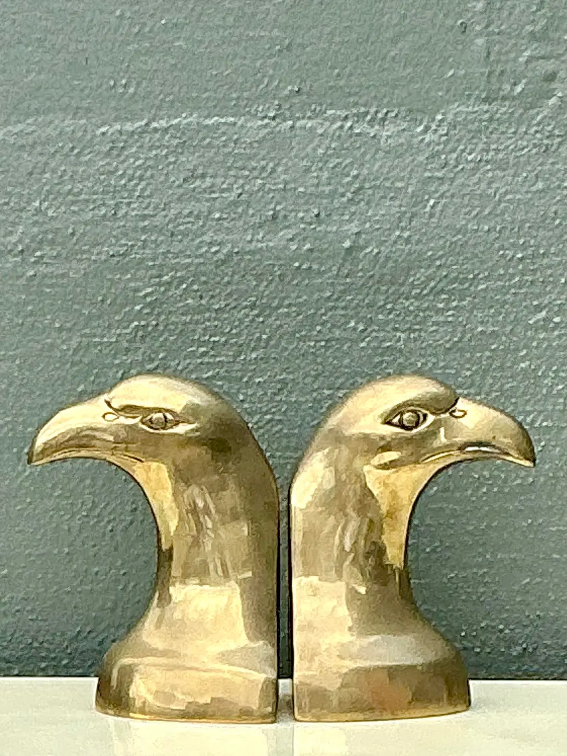 Vintage Polished Brass Eagle Head Bookends - A Pair - Top view
