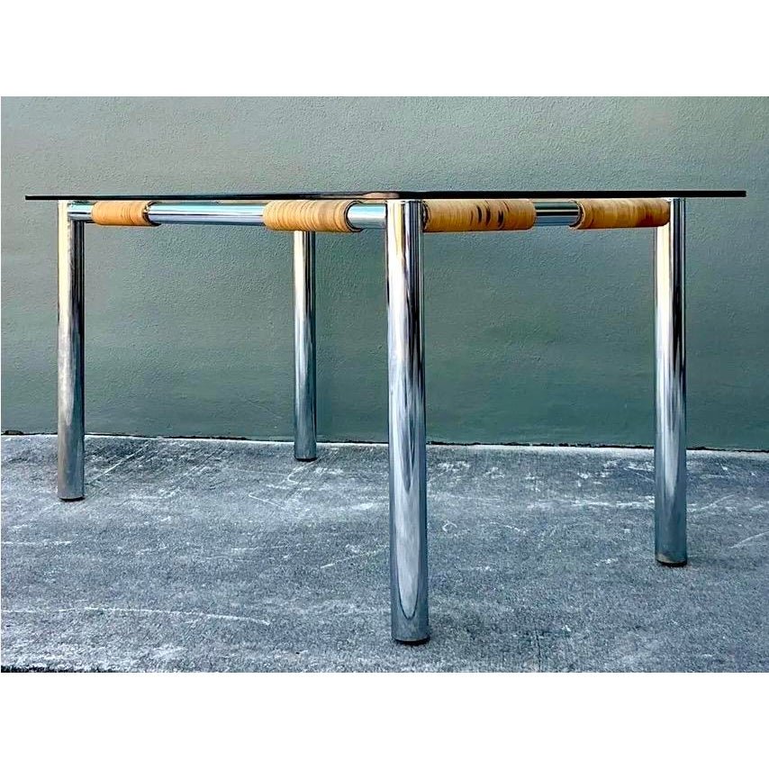 Vintage Polished Chrome and Rattan Dining Table - Detail view