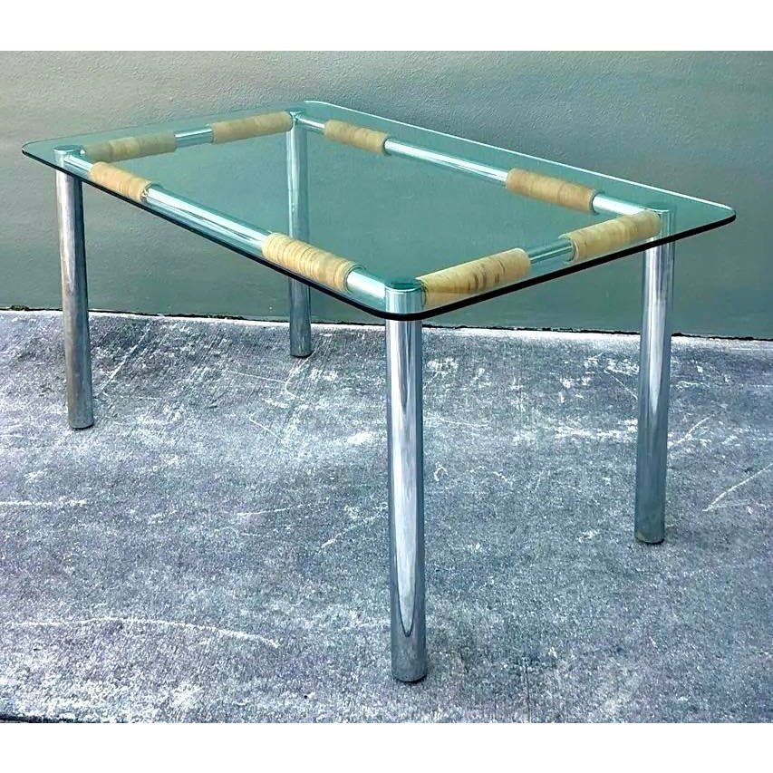 Vintage Polished Chrome and Rattan Dining Table - Top view