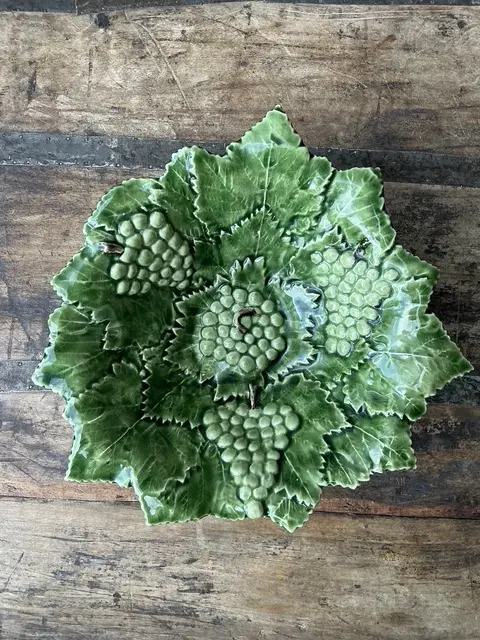 Vintage Portuguese Glazed Ceramic Grape Leaf Bowl - Back view