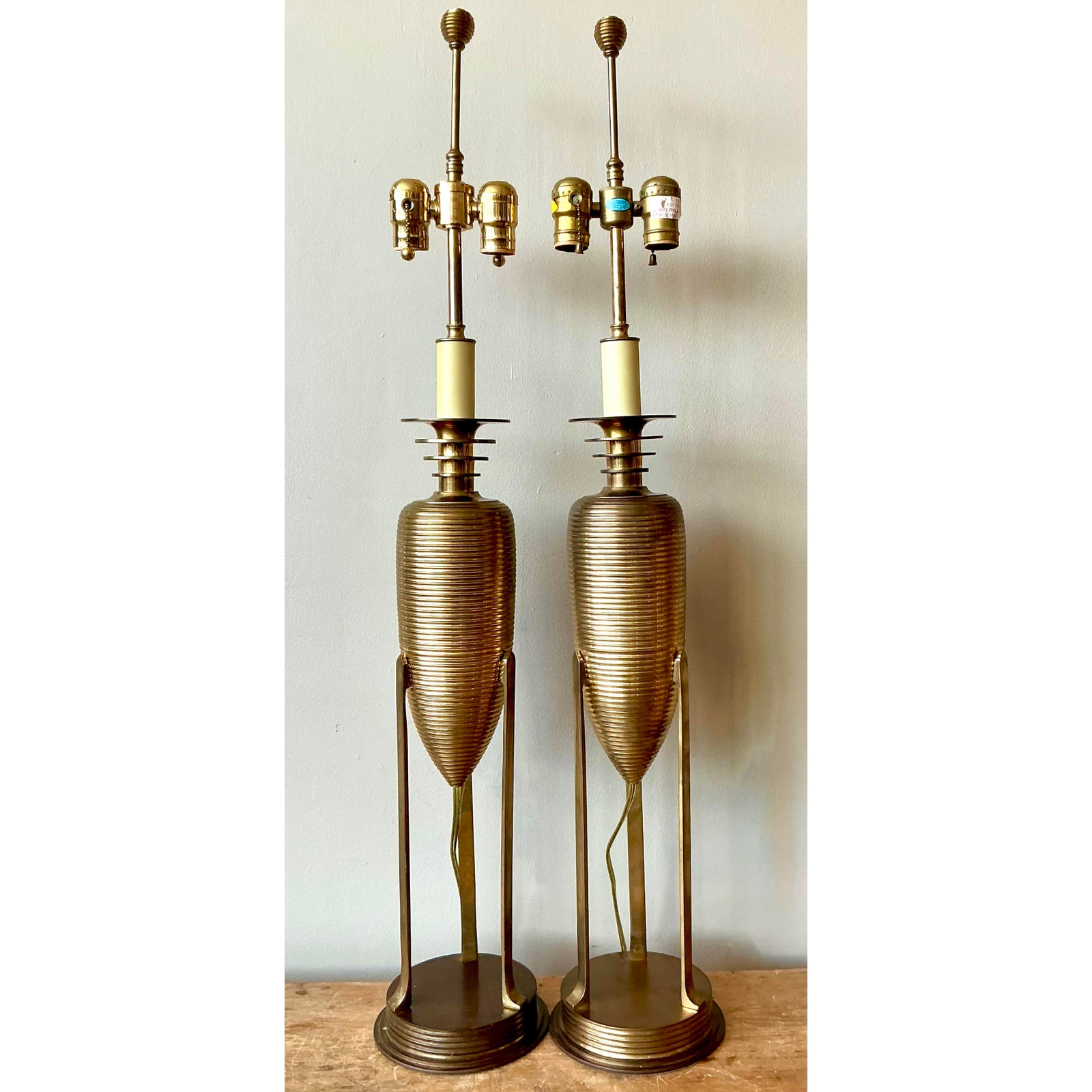 Vintage Postmodern Chapman Brass Lamps - A Pair - Side view