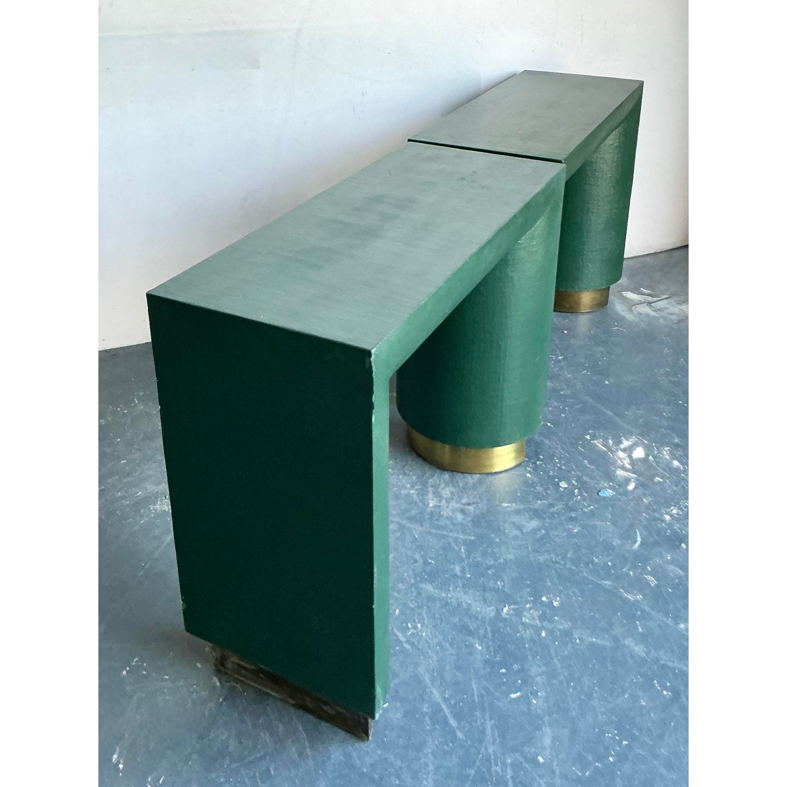 Vintage Postmodern Grasscloth Console Sets - A Pair - Side view