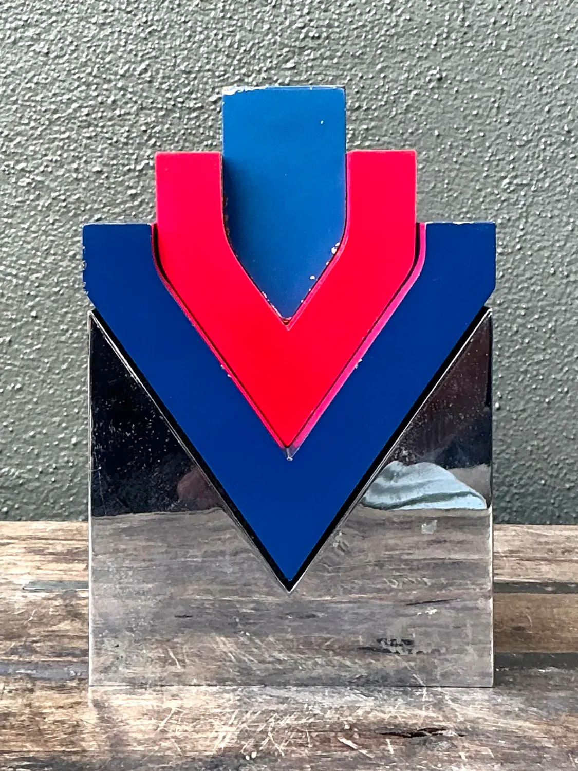 Vintage Postmodern Stacked Wood and Chrome Sculpture - Detail view