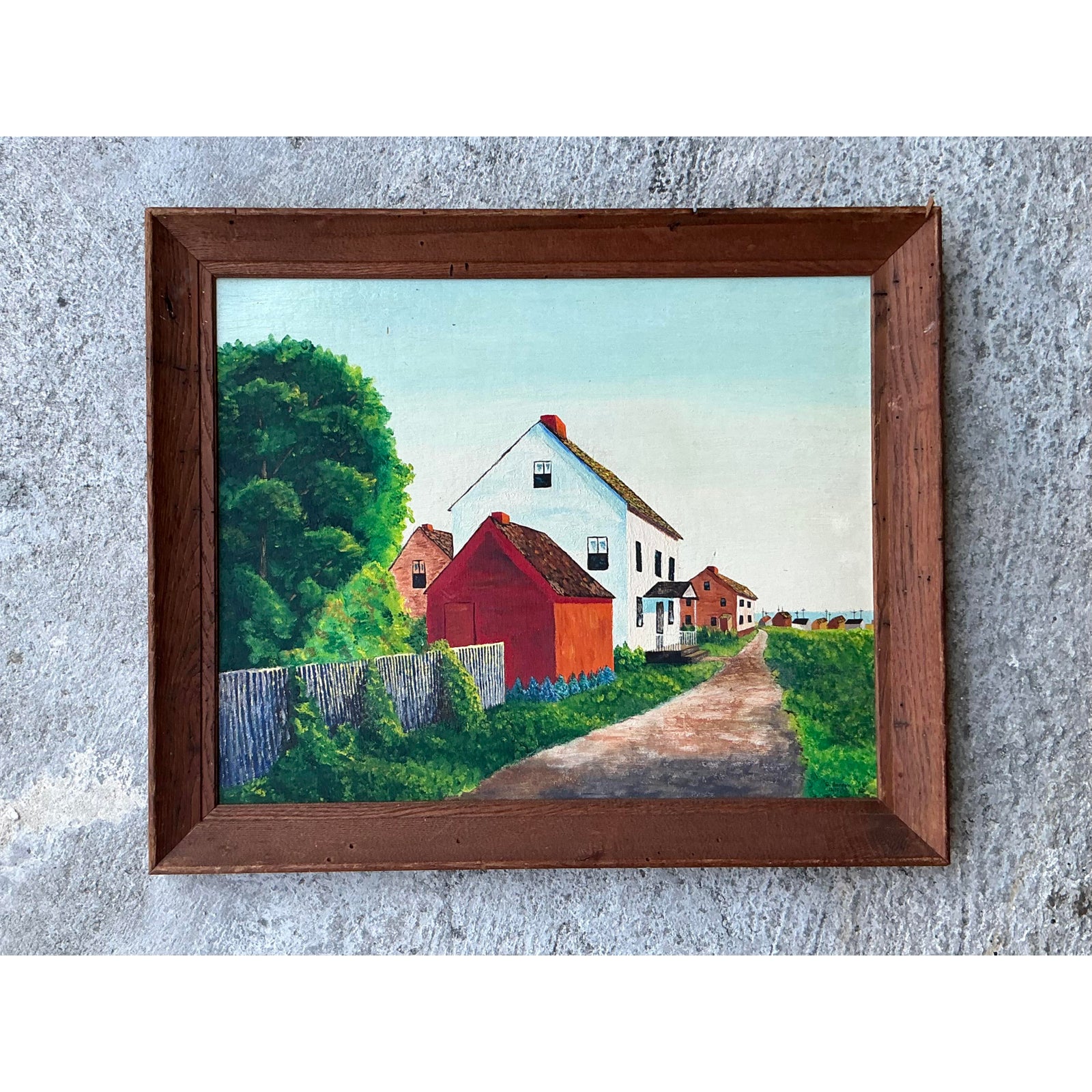 Vintage Primitive 1960s Original Landscape Oil on Board - Detail view
