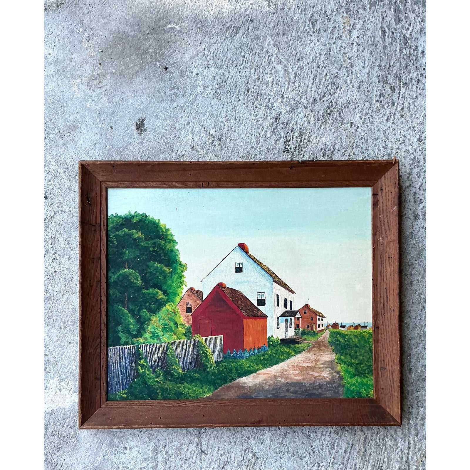 Vintage Primitive 1960s Original Landscape Oil on Board - Top view