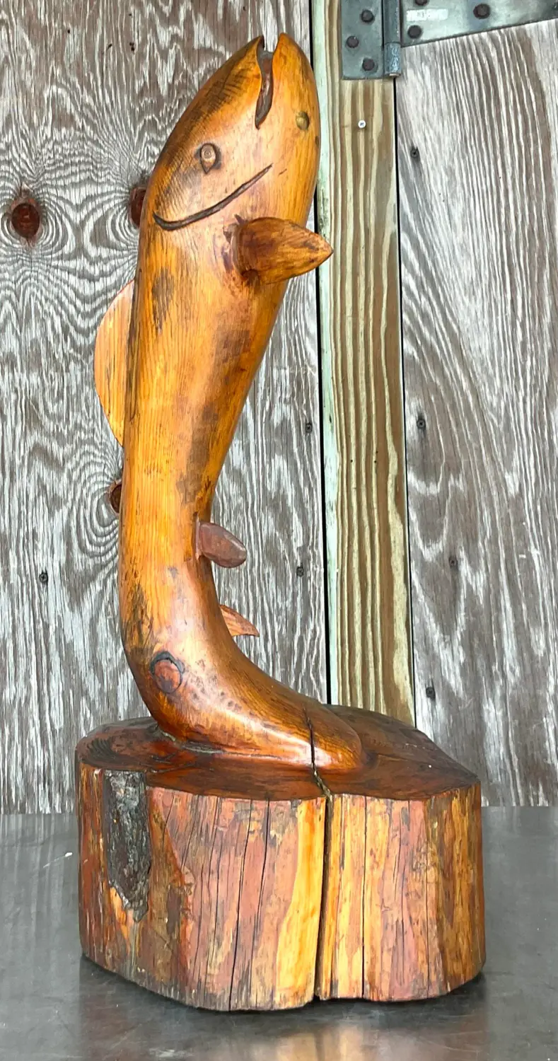 Vintage Primitive Hand Carved Wooden Fish Sculpture - Detail view