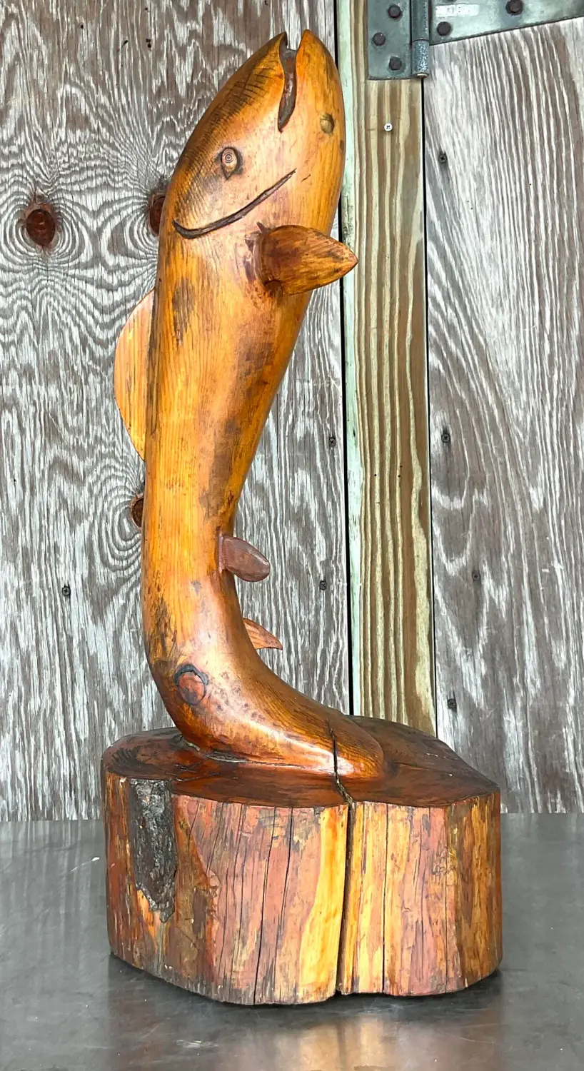Vintage Primitive Hand Carved Wooden Fish Sculpture - Side view