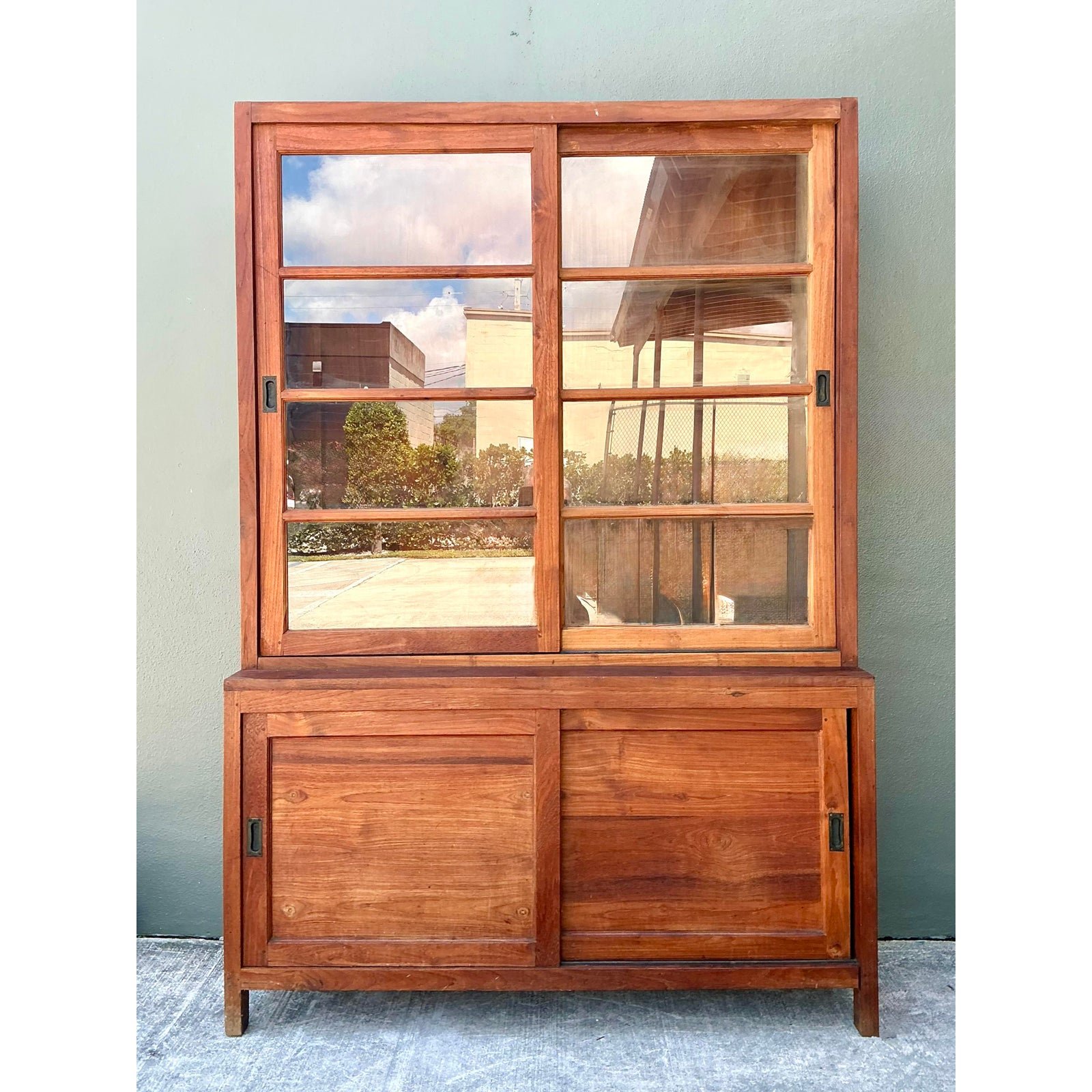 Vintage Primitive Teak Sliding Door Cabinet - Detail view