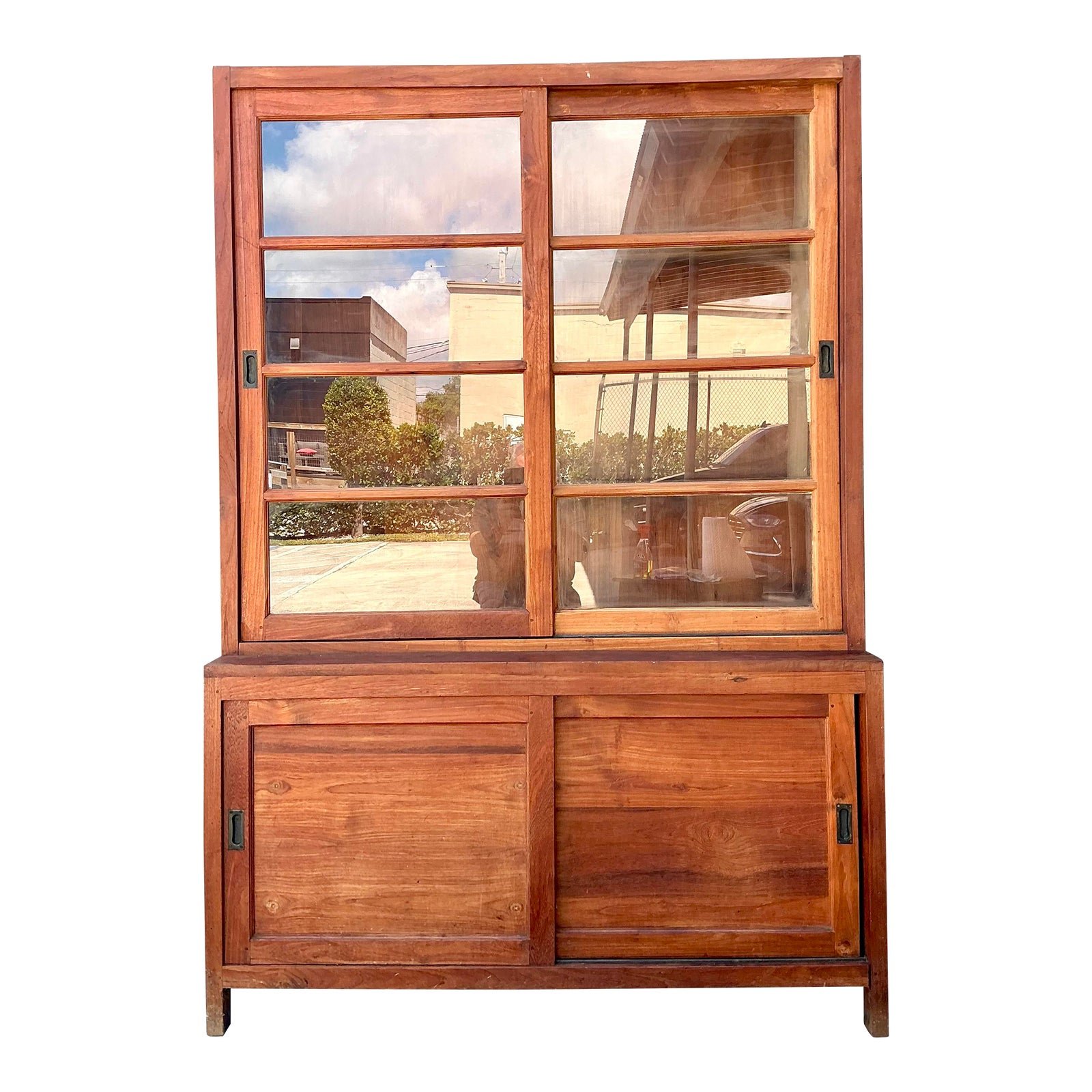 Vintage Primitive Teak Sliding Door Cabinet