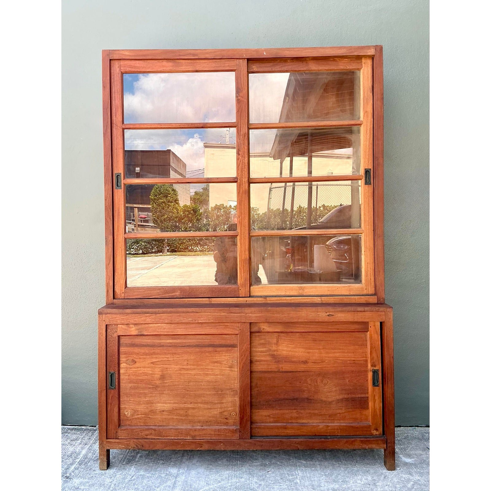 Vintage Primitive Teak Sliding Door Cabinet - Side view