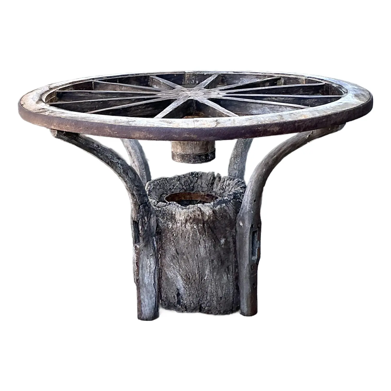 Vintage Primitive Wagon Wheel Dining Table Pedestal