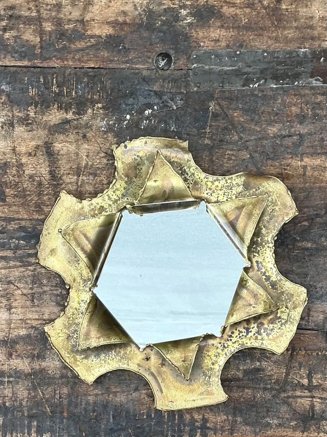 Vintage Punch Cut Brass Mirror - Detail view