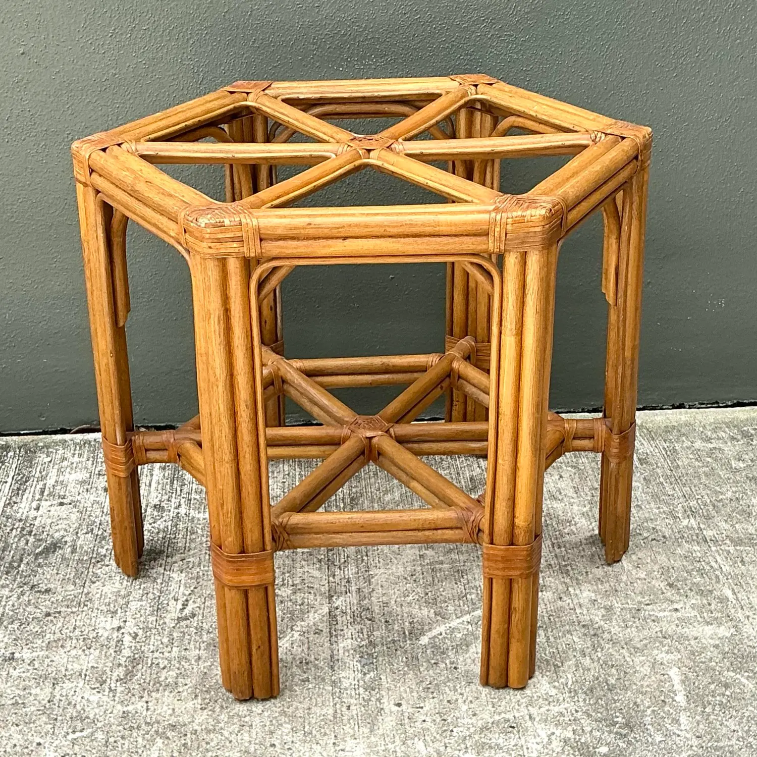 Vintage Rattan Hexagon Dining Table Pedestal - Back view