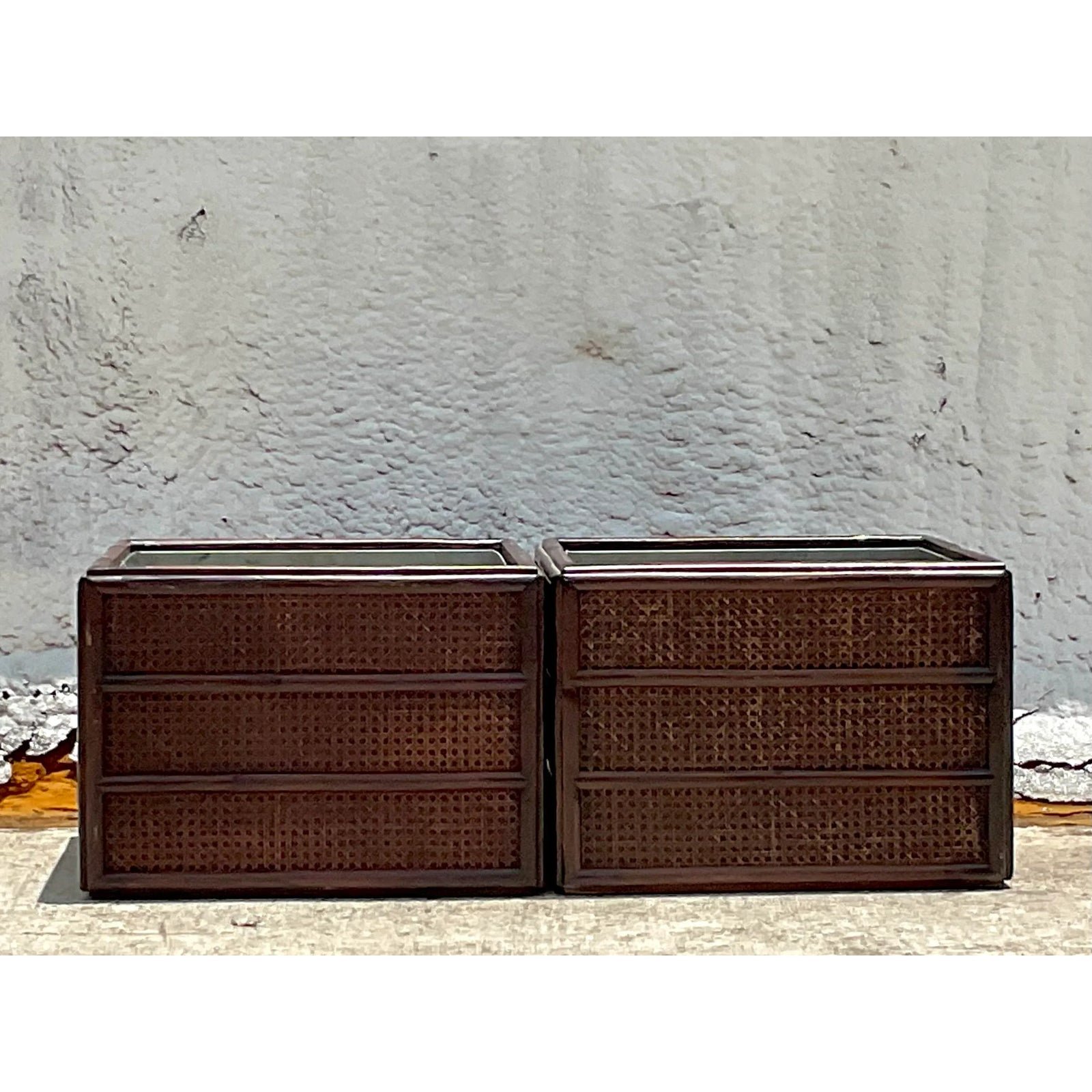 Vintage Rattan Planter With Removable Cast Aluminum - a Pair - Side view