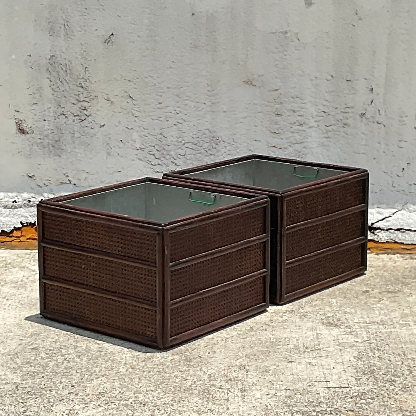 Vintage Rattan Planter With Removable Cast Aluminum - a Pair - Detail view