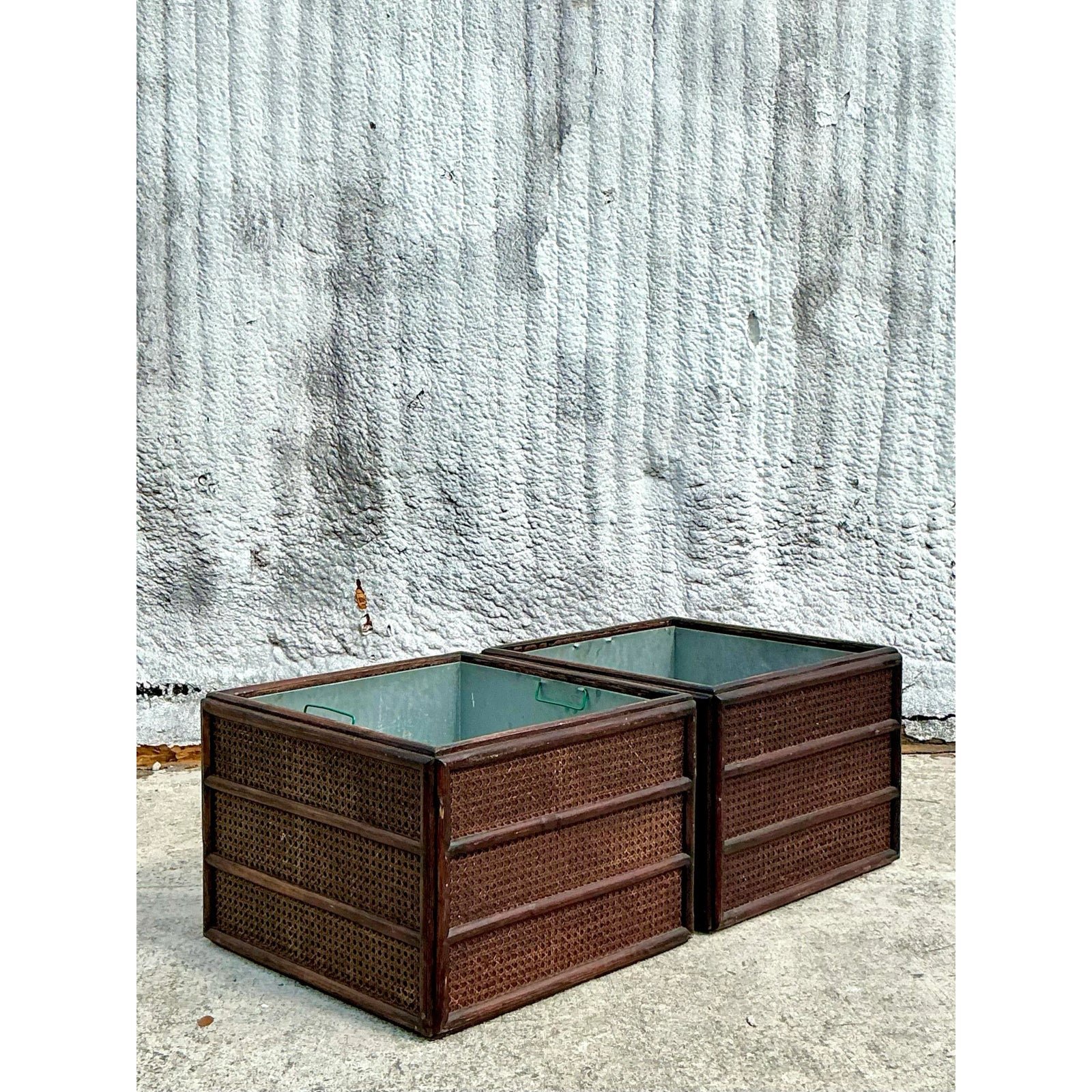 Vintage Rattan Planter With Removable Cast Aluminum - a Pair - Top view