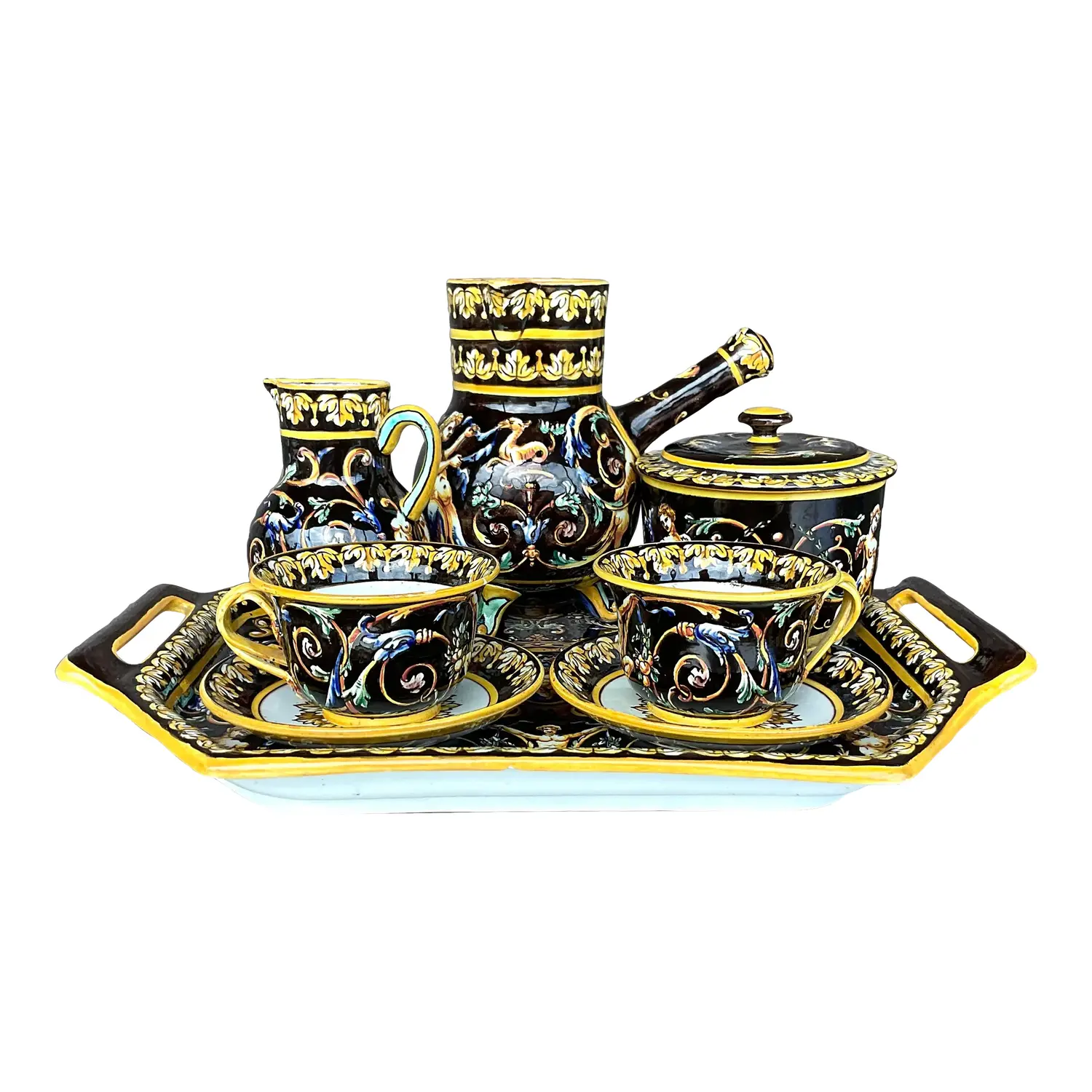 Vintage Regency 19th Century Gien French Faience Earthenware Chocolate Set- 8 Pieces