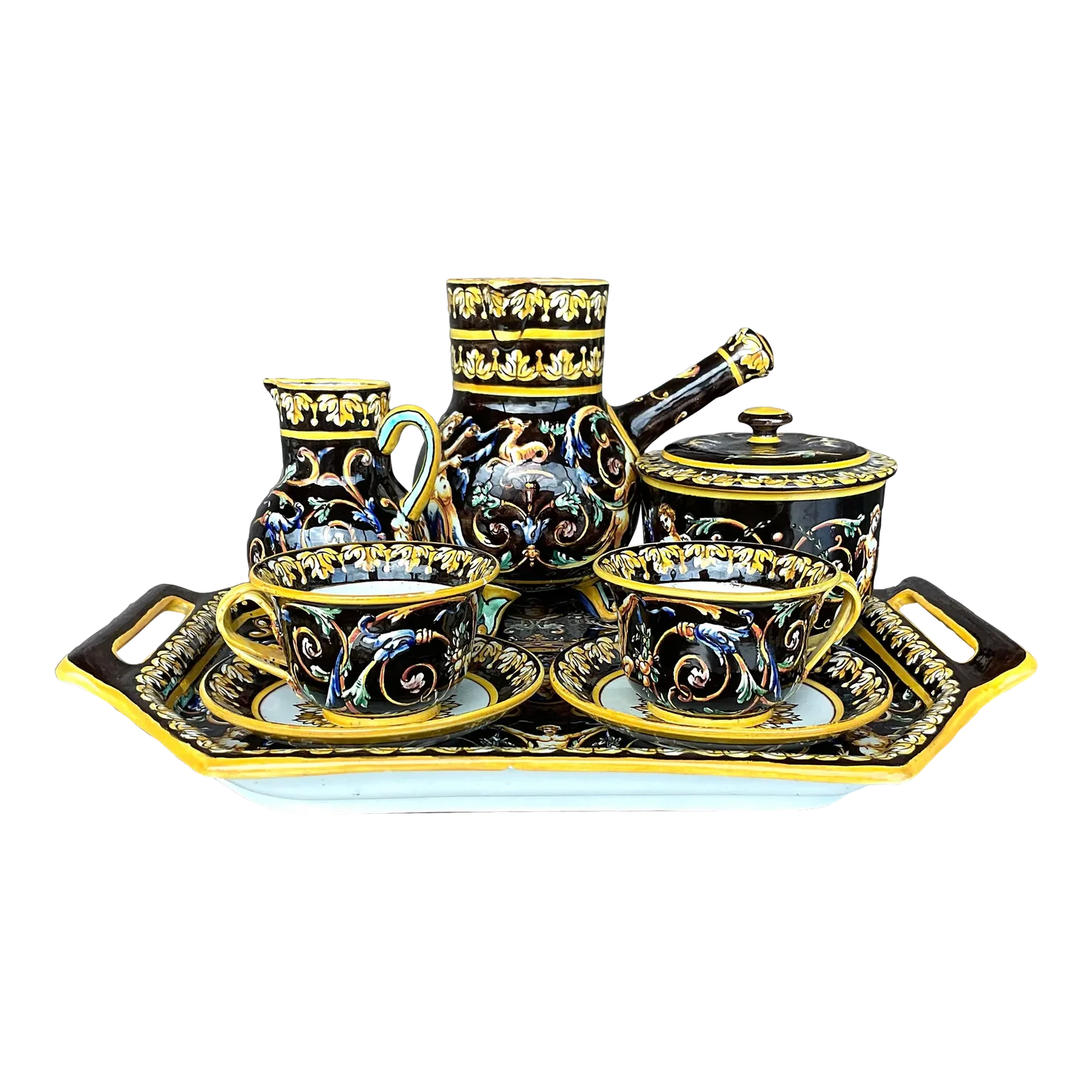 Vintage Regency 19th Century Gien French Faience Earthenware Chocolate Set- 8 Pieces - Detail view