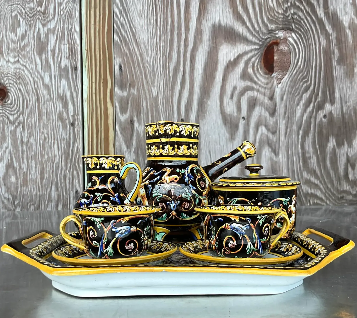 Vintage Regency 19th Century Gien French Faience Earthenware Chocolate Set- 8 Pieces - Side view