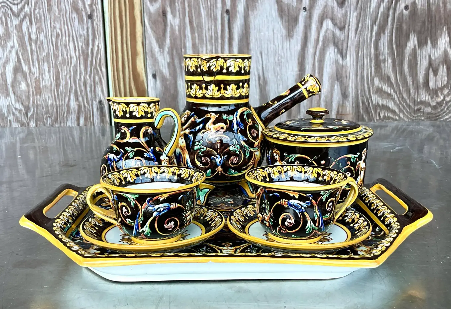 Vintage Regency 19th Century Gien French Faience Earthenware Chocolate Set- 8 Pieces - Top view