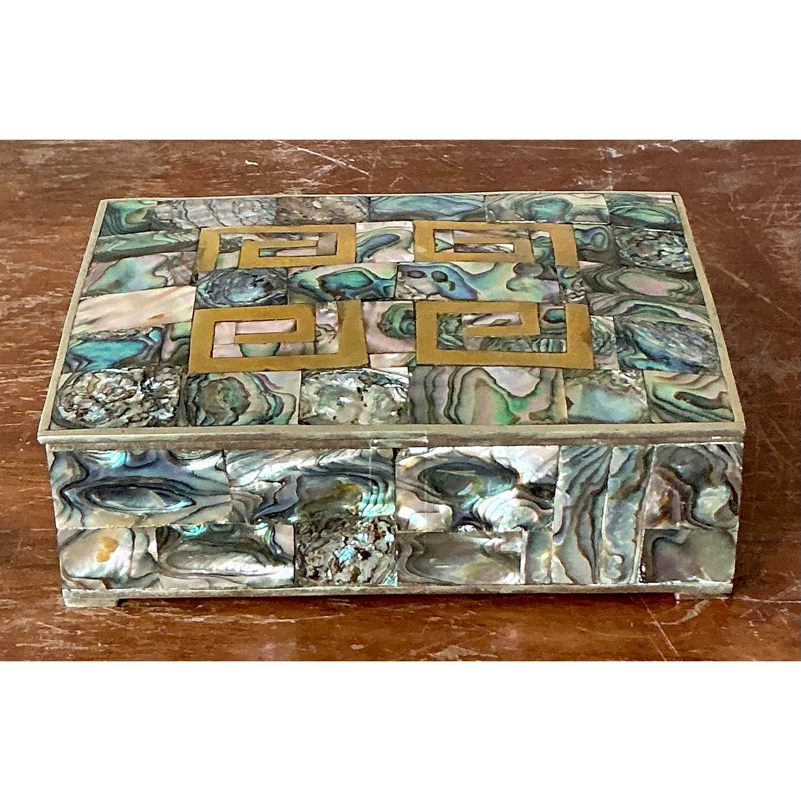 Vintage Regency Abalone and Brass Box - Detail view