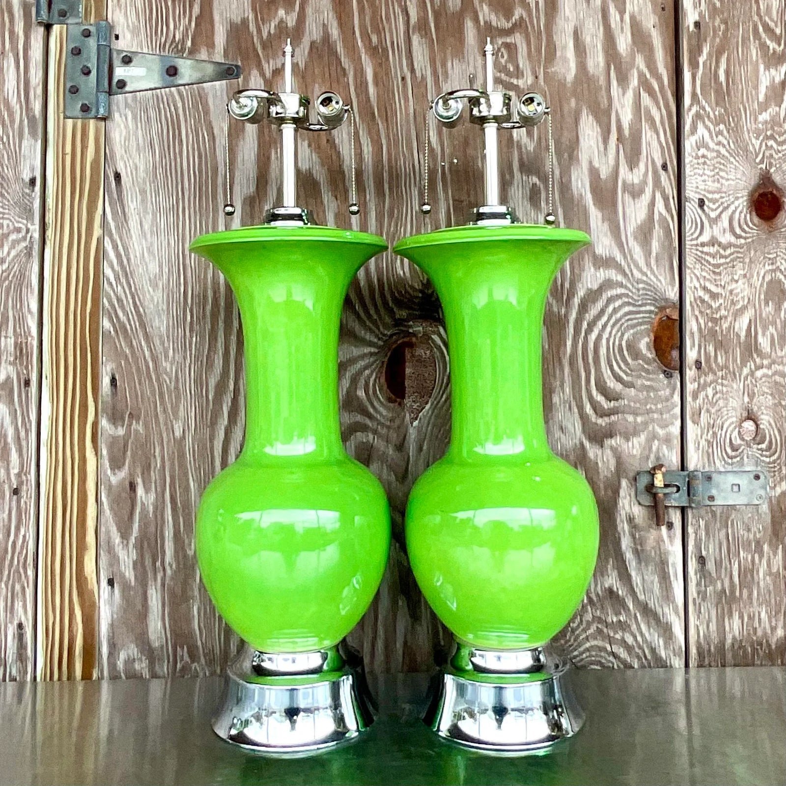 Vintage Regency Apple Green Glazed Ceramic Lamps - a Pair - Top view