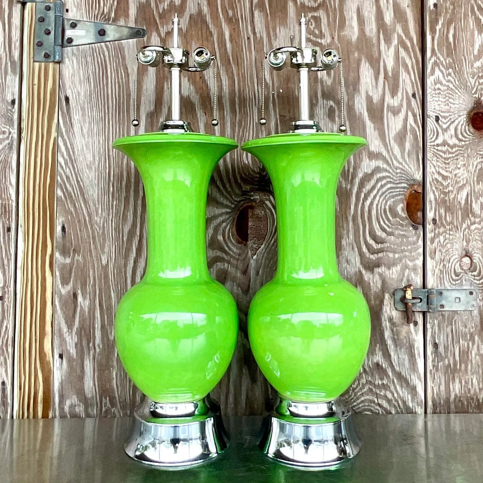 Vintage Regency Apple Green Glazed Ceramic Lamps - a Pair - Back view
