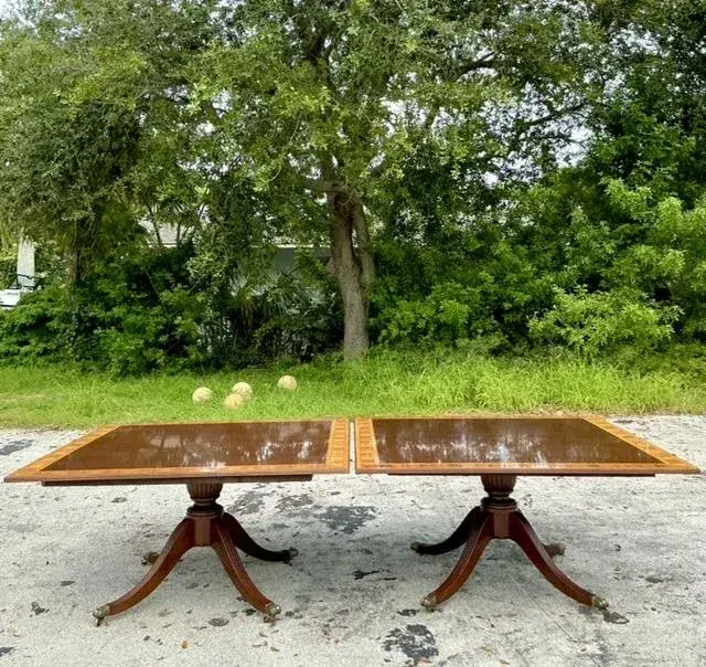 Vintage Regency Birdseye and Mahogany Square Dining Tables - a Pair - Back view