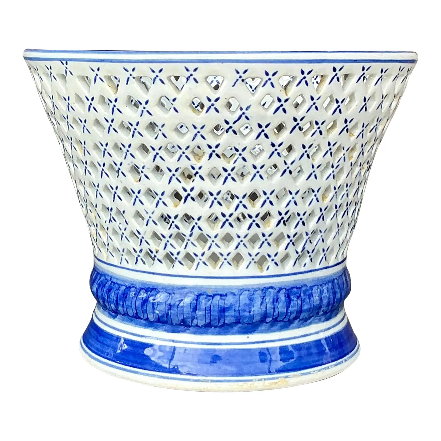 Vintage Regency Blue and White Trellis Cache Pot
