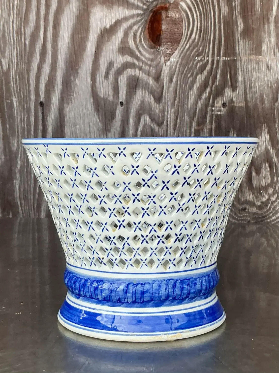 Vintage Regency Blue and White Trellis Cache Pot - Side view