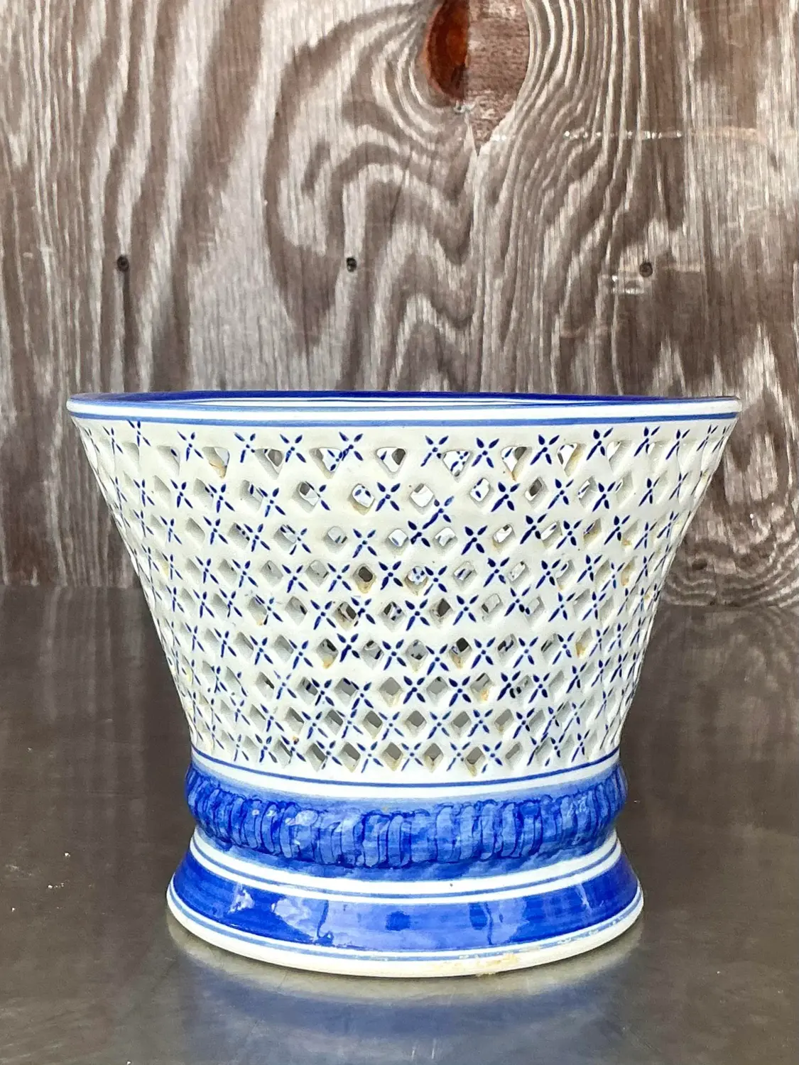 Vintage Regency Blue and White Trellis Cache Pot - Back view