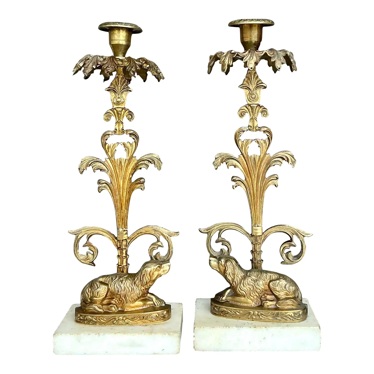 Vintage Regency Brass Dog Candlesticks - A Pair
