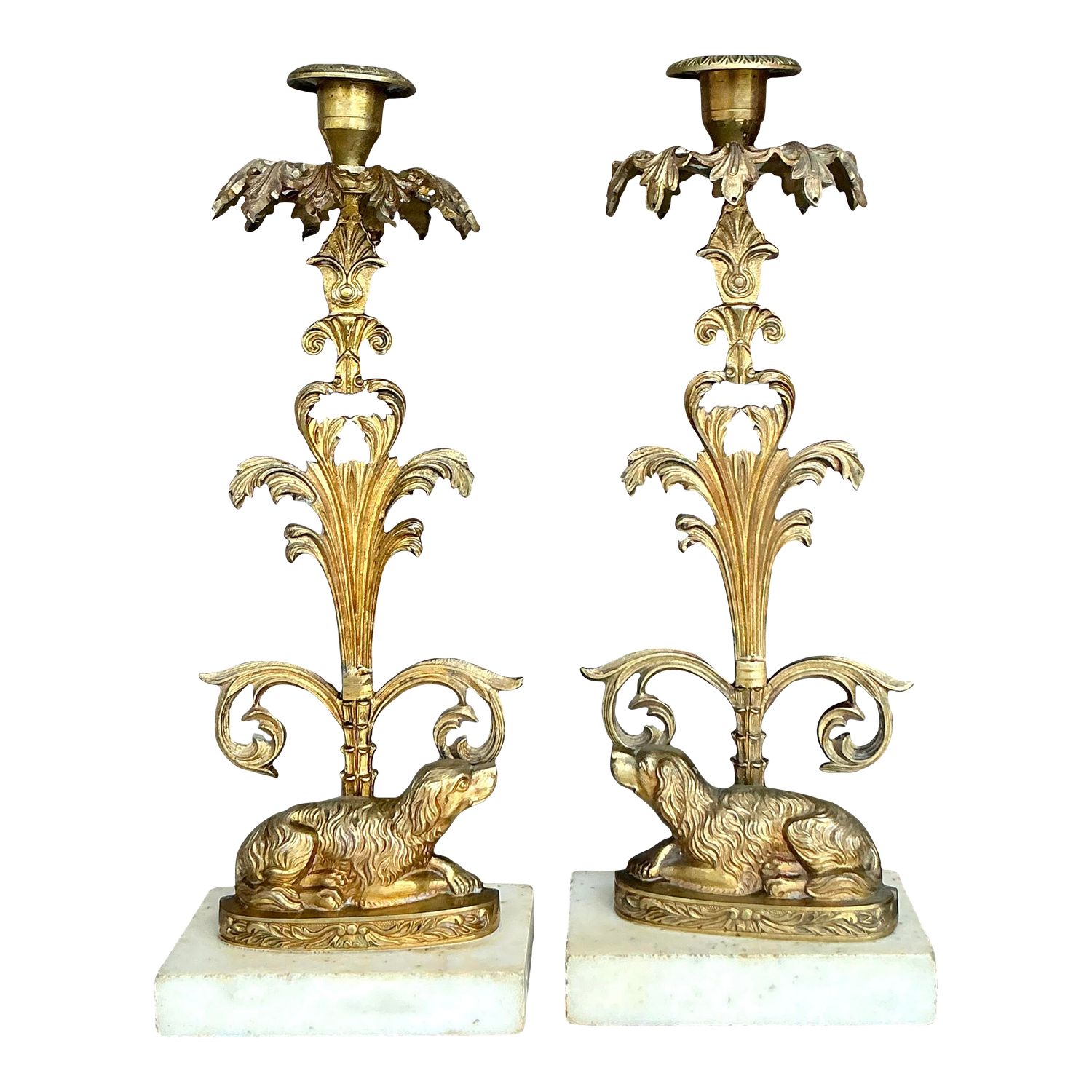 Vintage Regency Brass Dog Candlesticks - A Pair - Detail view