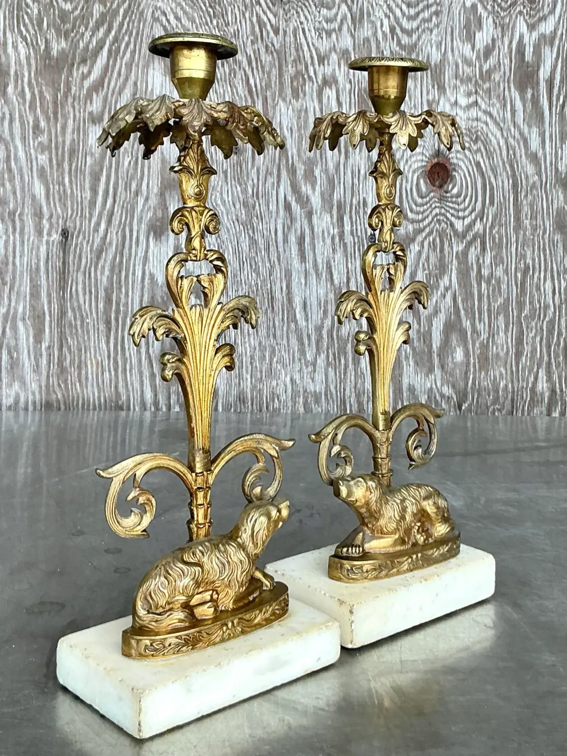 Vintage Regency Brass Dog Candlesticks - A Pair - Side view