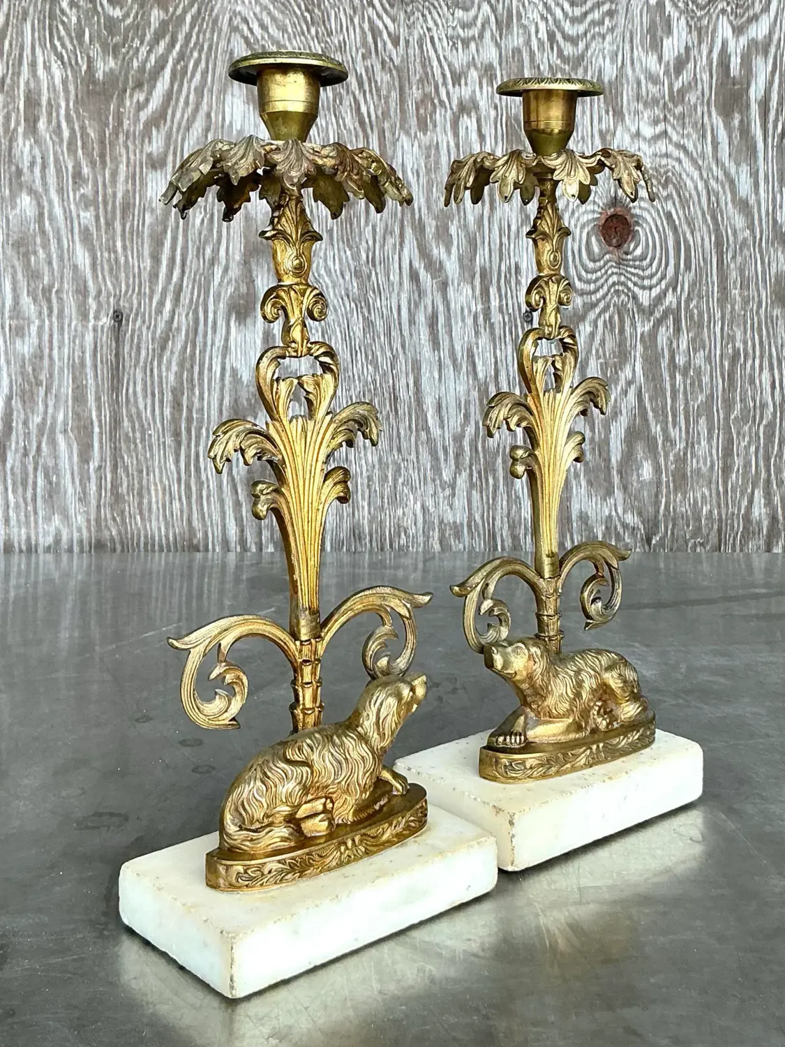 Vintage Regency Brass Dog Candlesticks - A Pair - Top view