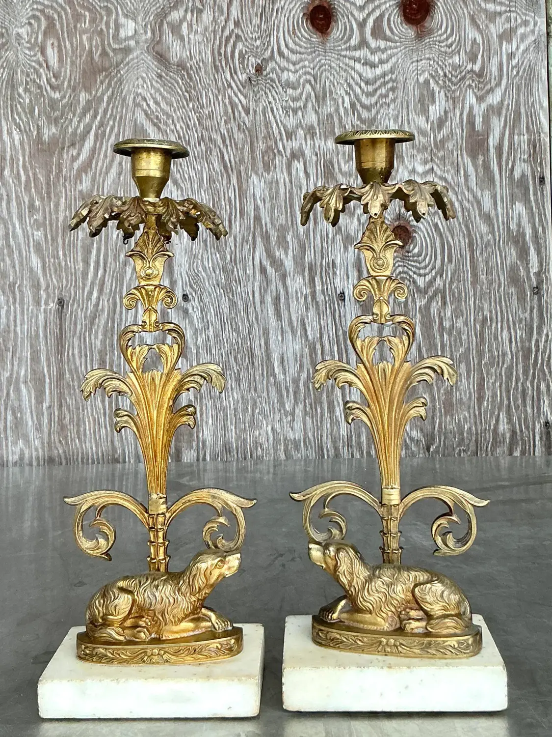 Vintage Regency Brass Dog Candlesticks - A Pair - Back view