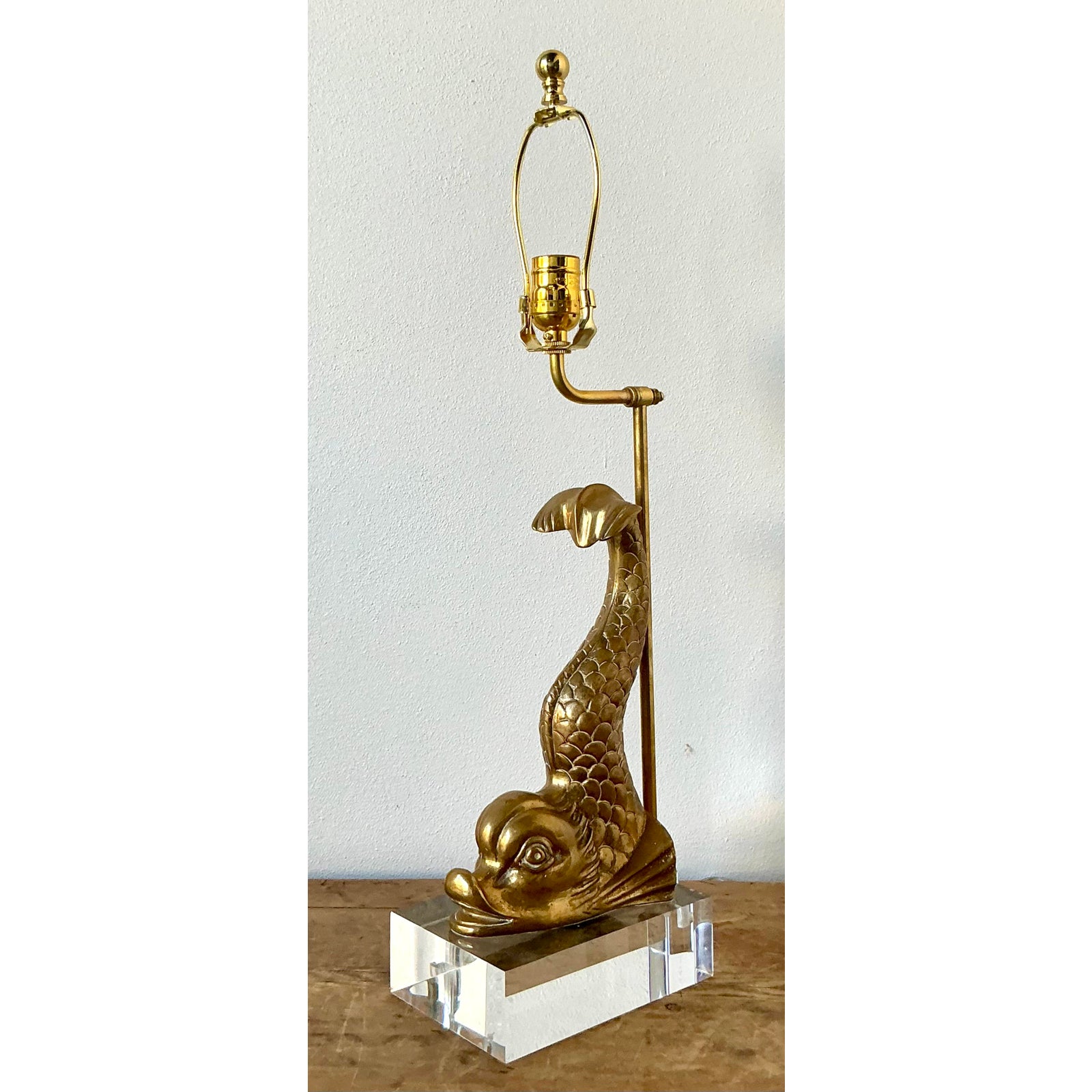Vintage Regency Brass Koi Lamp - Detail view